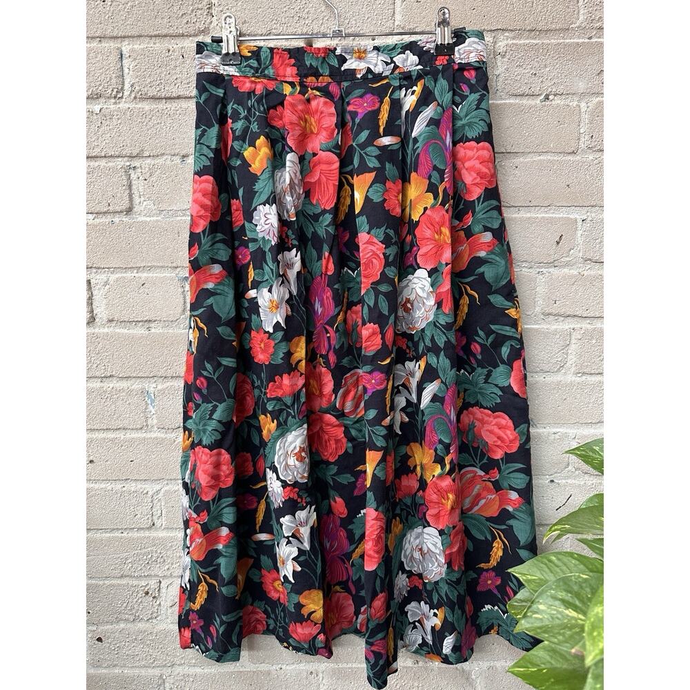 Vintage 80s Pleated Greenwich Square Pink Black Floral Waist Skirt Whimsy XS